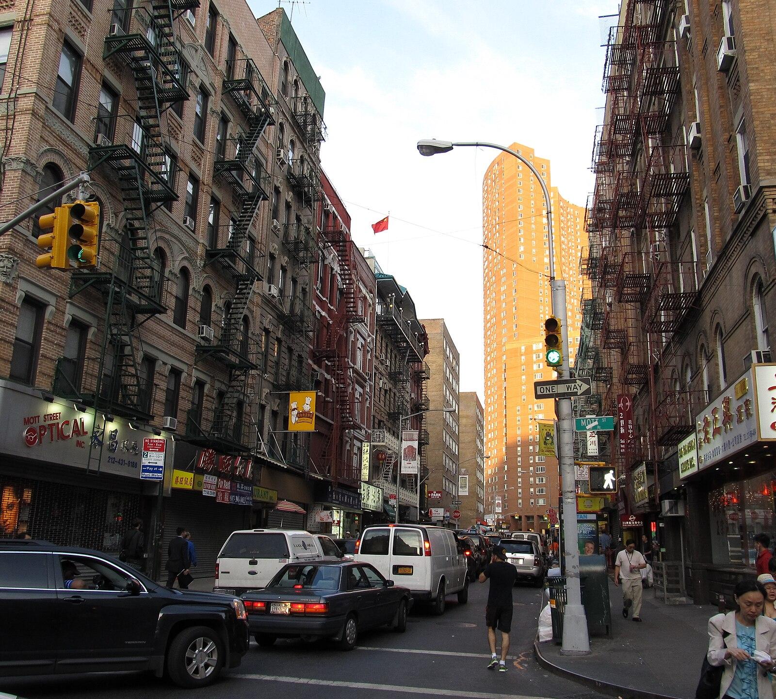 Looking down Bayard Street Towards Confucius Plaza, Chinatown, Manhattan, New York